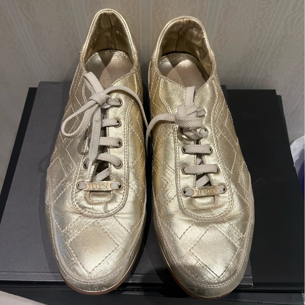 Versace Metallic Gold Quilted Leather Sneakers